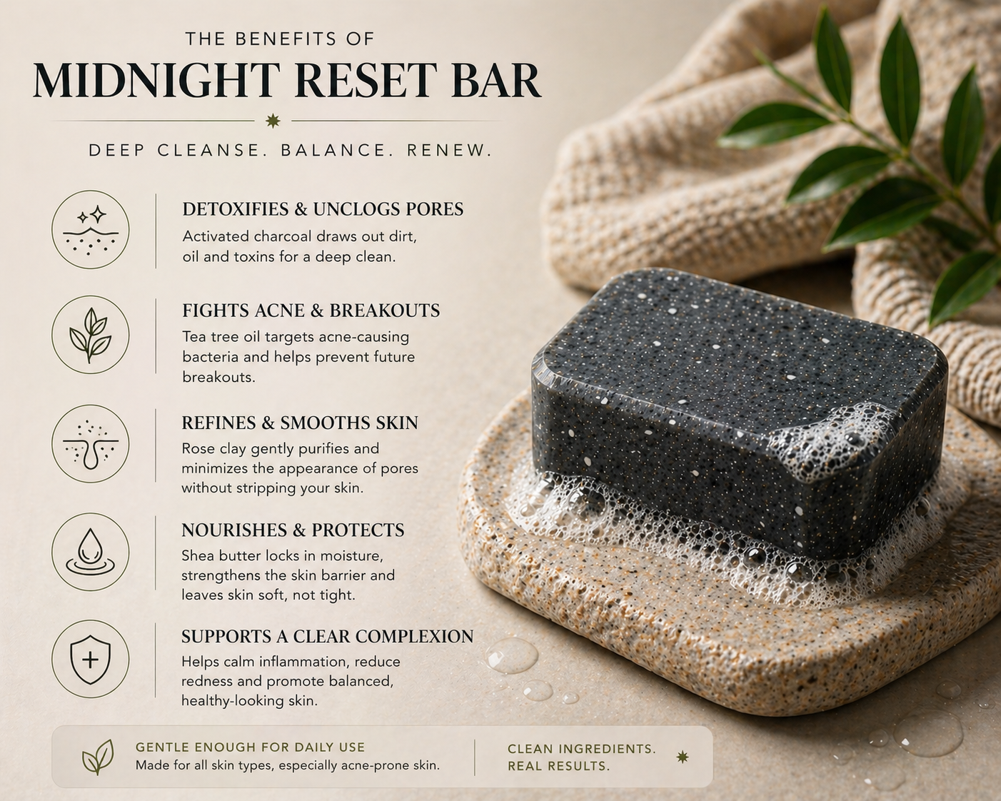 Midnight Reset – Deep Cleansing Acne Bar for Congested, Breakout-Prone Skin
